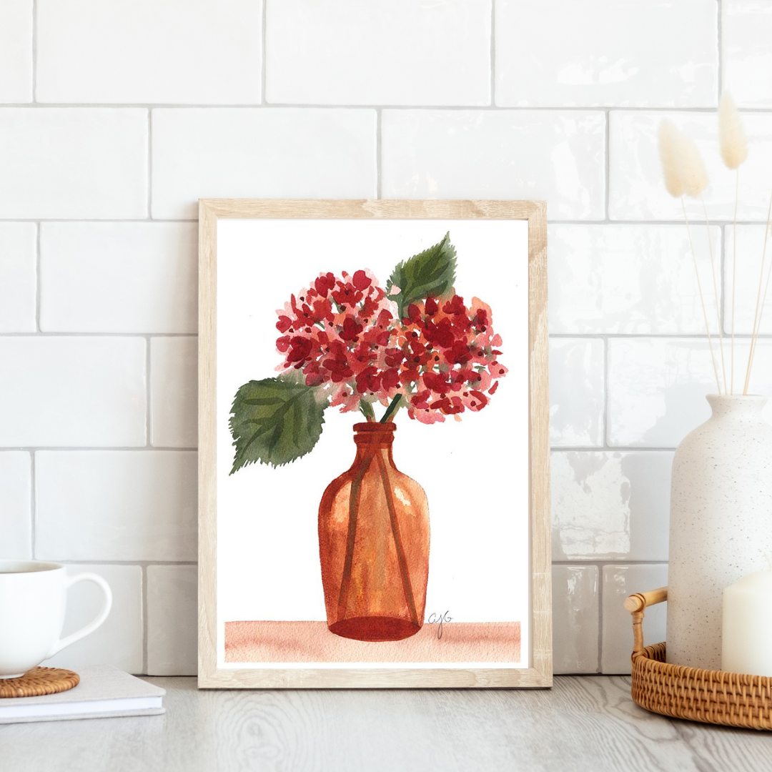 Hydrangeas in an Amber Bottle