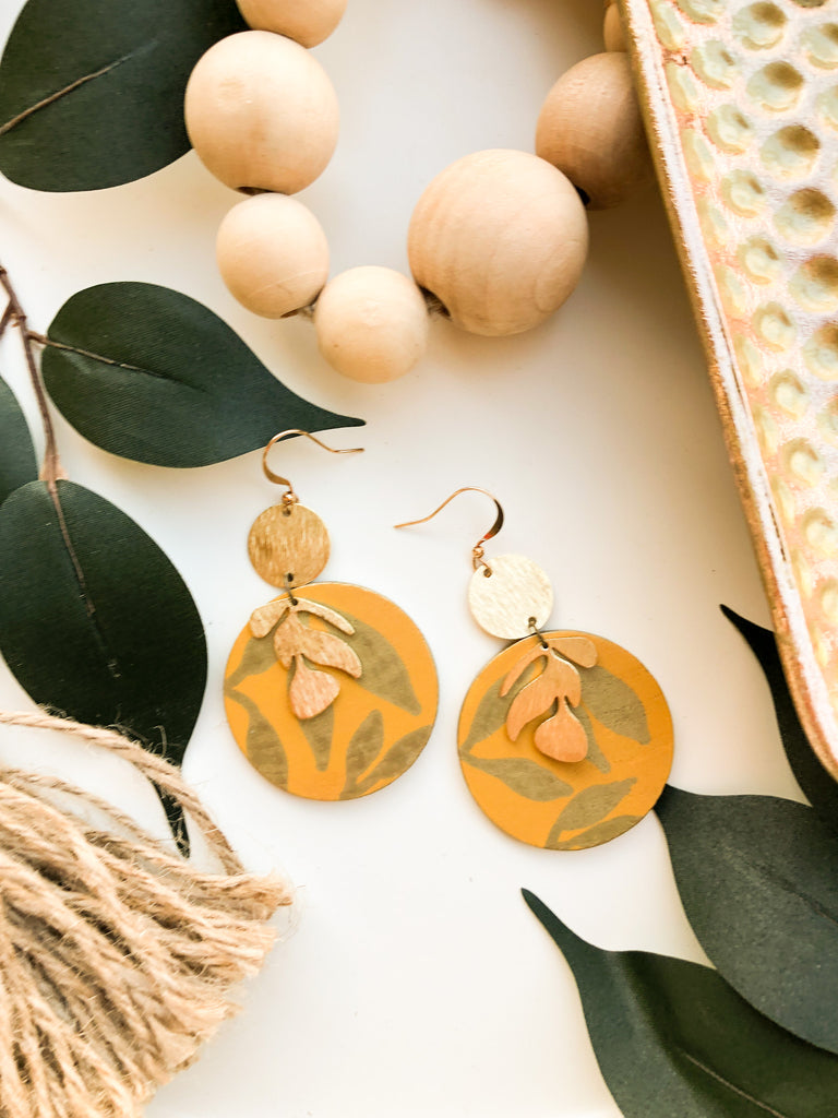 Golden Yellow with Brass Leaves: Hand-Painted Earrings