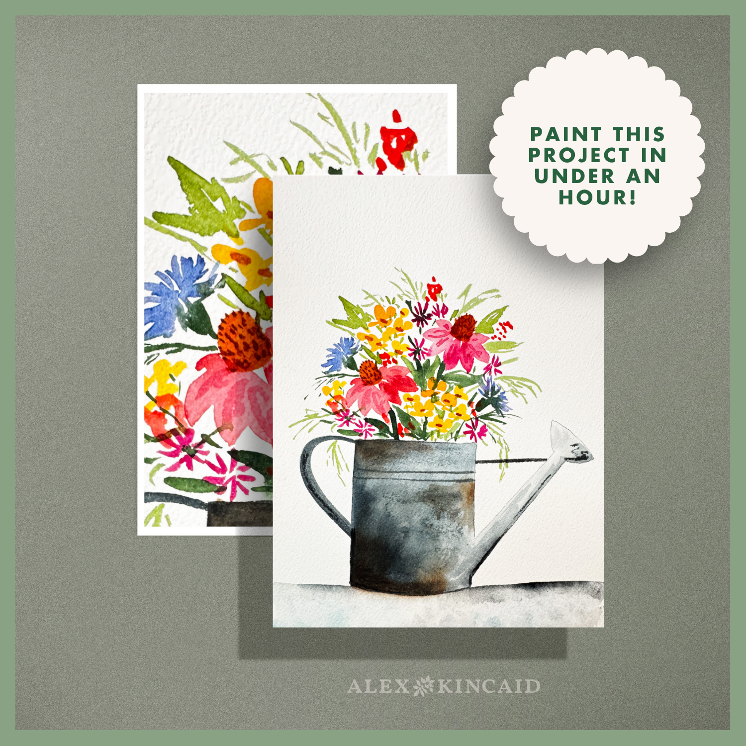 Beginner watercolor class project – watering can and flowers
