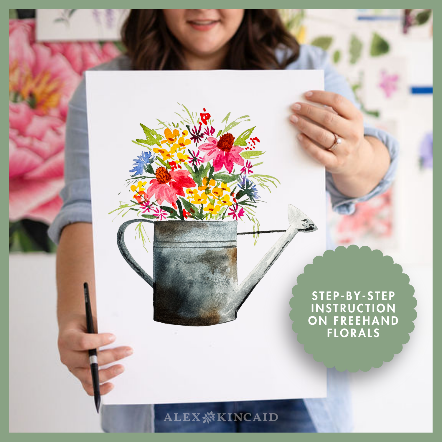 Loose floral watercolor brushstrokes – watering can project