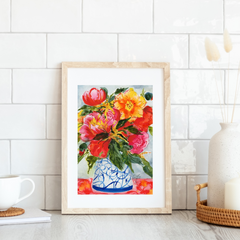 Peonies and Poppies in a Blue Vase