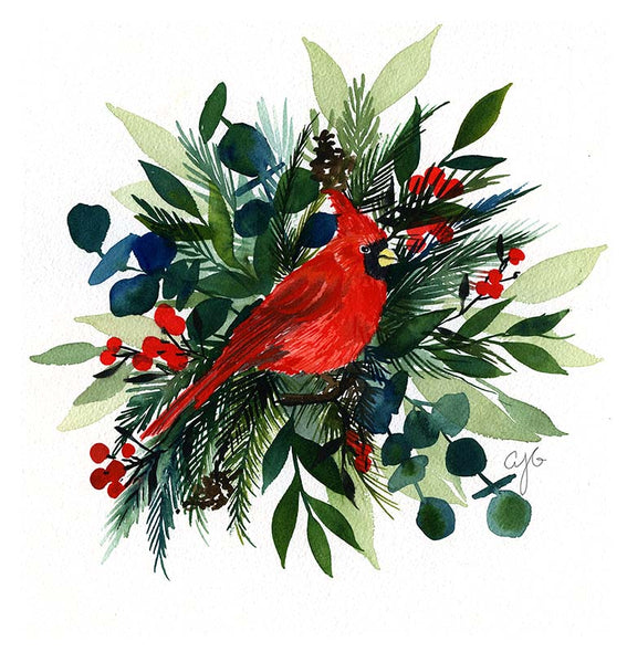 Cardinal in Winter Greenery