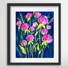 Neon Pink Peonies on a Dark Blue Background