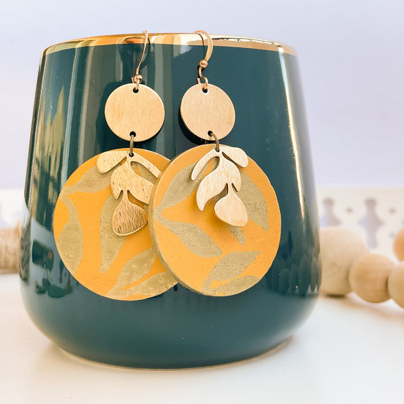 Golden Yellow with Brass Leaves: Hand-Painted Earrings