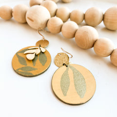 Golden Yellow with Brass Leaves: Hand-Painted Earrings