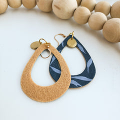 Dark Blue Leather Tear Drops: Hand-Painted Earrings